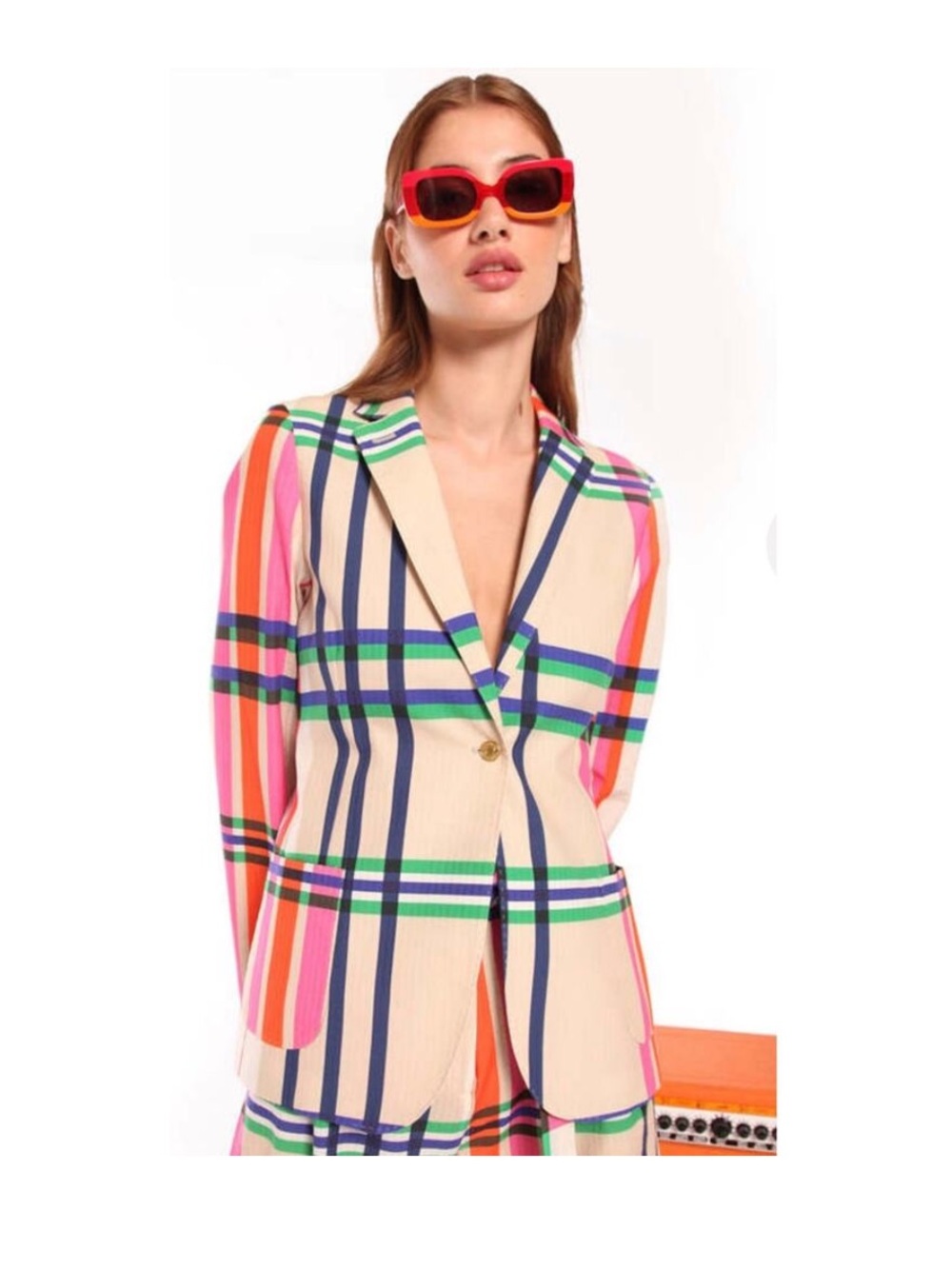 Vilagallo Blazer Multicolor Check Plaid Pattern Gold Button Closure size 48 XL